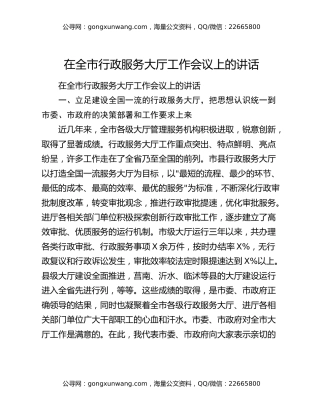 在全市行政服务大厅工作会议上的讲话