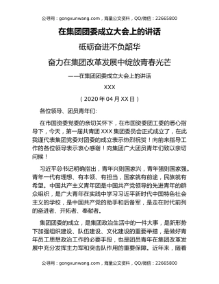 在集团团委成立大会上的讲话