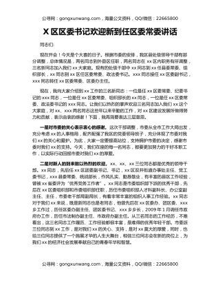 X区区委书记欢迎新到任区委常委讲话