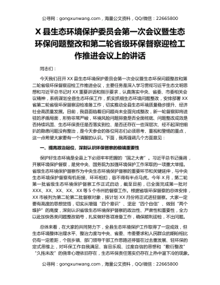 X县生态环境保护委员会第一次会议暨生态环保问题整改和第二轮省级环保督察迎检工作推进会议上的讲话