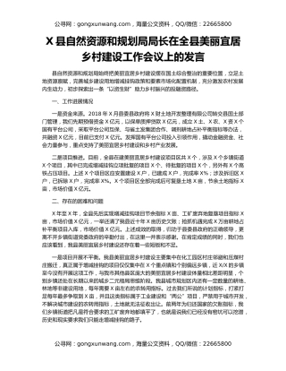 X县自然资源和规划局局长在全县美丽宜居乡村建设工作会议上的发言
