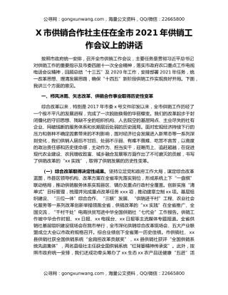 X市供销合作社主任在全市2021年供销工作会议上的讲话