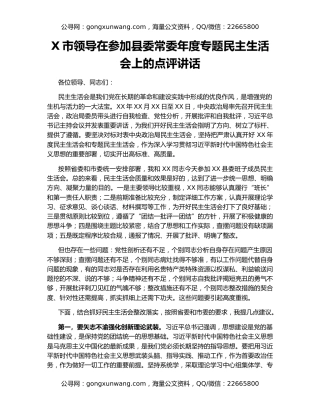 X市领导在参加县委常委年度专题民主生活会上的点评讲话