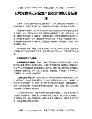 公司党委书记安全生产会议贯彻意见总结讲话