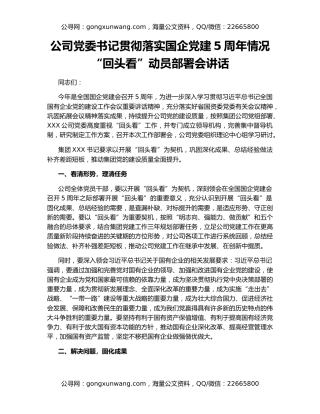 公司党委书记贯彻落实国企党建5周年情况“回头看”动员部署会讲话