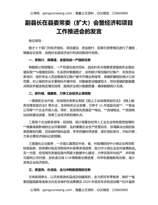副县长在县委常委（扩大）会暨经济和项目工作推进会的发言