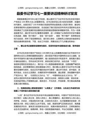 县委书记学习七一重要讲话精神研讨发言