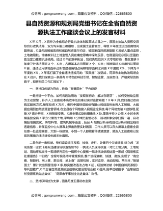 县自然资源和规划局党组书记在全省自然资源执法工作座谈会议上的发言材料