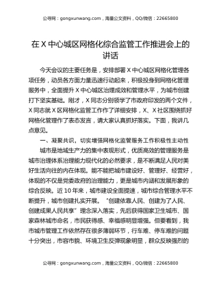 在X中心城区网格化综合监管工作推进会上的讲话