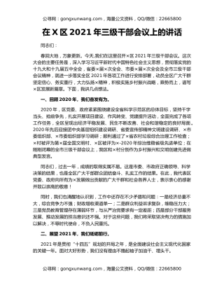 在X区2021年三级干部会议上的讲话