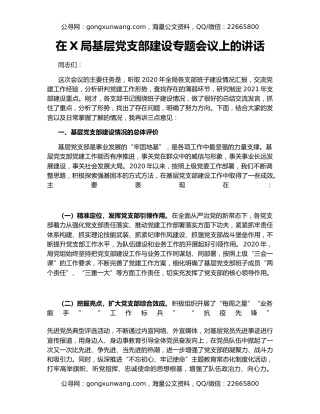 在X局基层党支部建设专题会议上的讲话