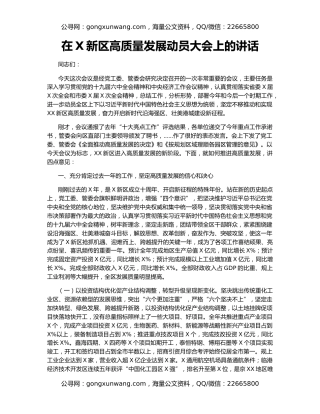 在X新区高质量发展动员大会上的讲话