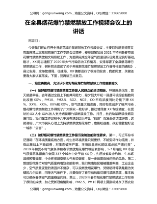 在全县烟花爆竹禁燃禁放工作视频会议上的讲话