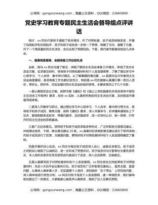 党史学习教育专题民主生活会督导组点评讲话