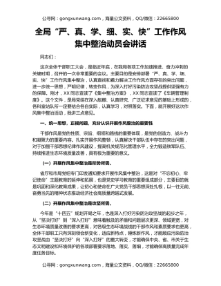 全局“严、真、学、细、实、快”工作作风集中整治动员会讲话