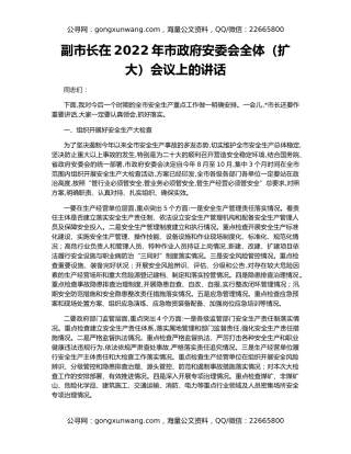 副市长在2022年市政府安委会全体（扩大）会议上的讲话