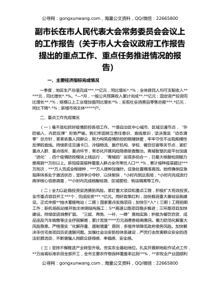 副市长在市人民代表大会常务委员会会议上的工作报告（关于市人大会议政府工作报告提出的重点工作、重点任务推进情况的报告）