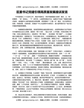 区委书记党建引领高质量发展座谈发言