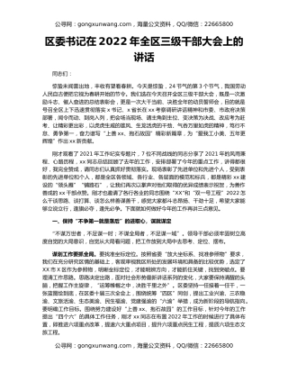 区委书记在2022年全区三级干部大会上的讲话