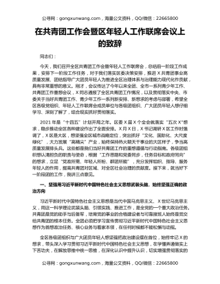 在共青团工作会暨区年轻人工作联席会议上的致辞