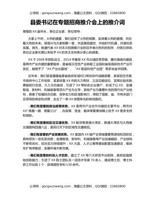 县委书记在专题招商推介会上的推介词