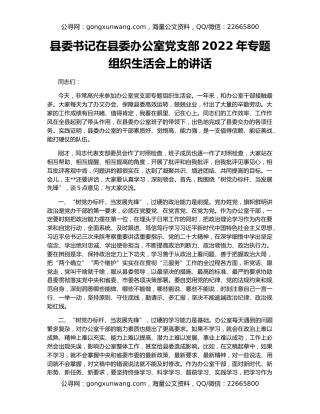 县委书记在县委办公室党支部2022年专题组织生活会上的讲话