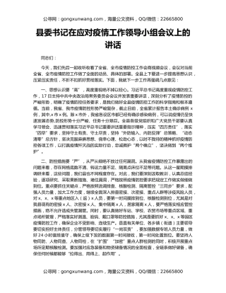 县委书记在应对疫情工作领导小组会议上的讲话