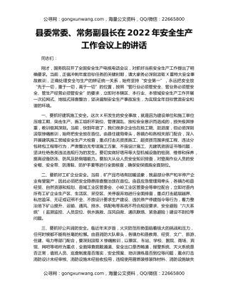 县委常委、常务副县长在2022年安全生产工作会议上的讲话