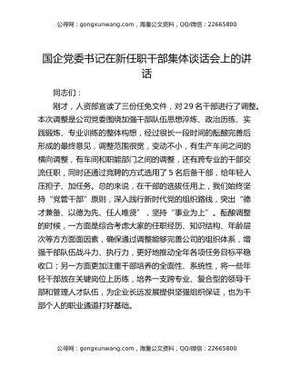 国企党委书记在新任职干部集体谈话会上的讲话