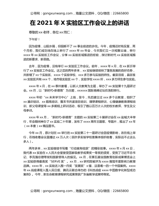 在2021年X实验区工作会议上的讲话