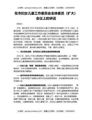 在市妇女儿童工作委员会全体委员（扩大）会议上的讲话
