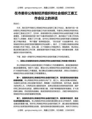 在市委非公有制经济组织和社会组织工委工作会议上的讲话