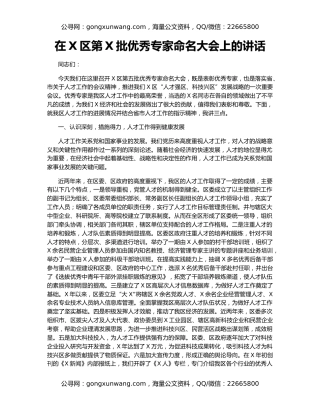 在X区第X批优秀专家命名大会上的讲话