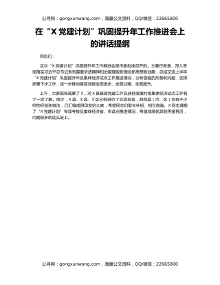 在“X党建计划”巩固提升年工作推进会上的讲话提纲