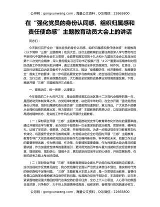 在“强化党员的身份认同感、组织归属感和责任使命感”主题教育动员大会上的讲话