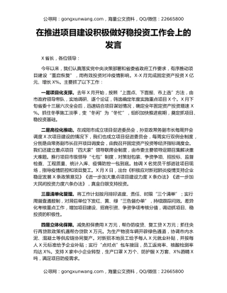 在推进项目建设积极做好稳投资工作会上的发言