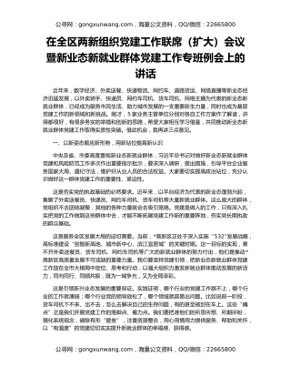 在全区两新组织党建工作联席（扩大）会议暨新业态新就业群体党建工作专班例会上的讲话