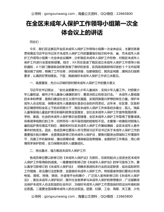 在全区未成年人保护工作领导小组第一次全体会议上的讲话