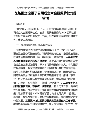 在某国企控股子公司成立大会暨揭牌仪式的讲话