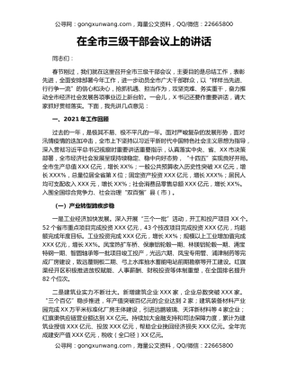 在全市三级干部会议上的讲话