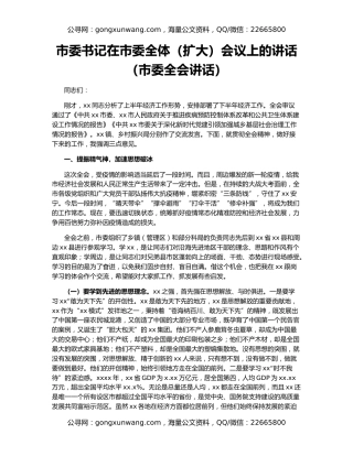 市委书记在市委全体（扩大）会议上的讲话（市委全会讲话）
