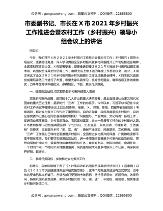 市委副书记、市长在X市2021年乡村振兴工作推进会暨农村工作（乡村振兴）领导小组会议上的讲话