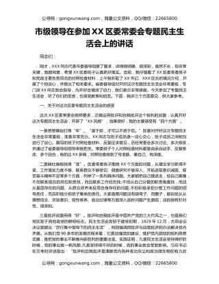 市级领导在参加XX区委常委会专题民主生活会上的讲话