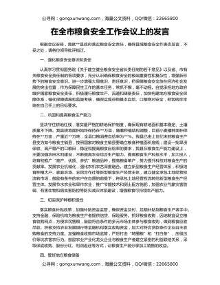 在全市粮食安全工作会议上的发言