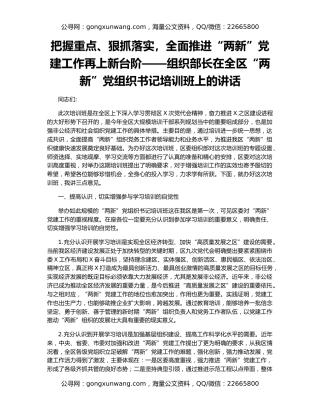 把握重点、狠抓落实，全面推进“两新”党建工作再上新台阶——组织部长在全区“两新”党组织书记培训班上的讲话