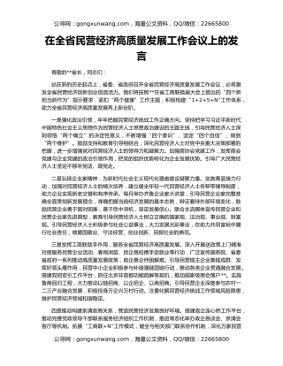 在全省民营经济高质量发展工作会议上的发言