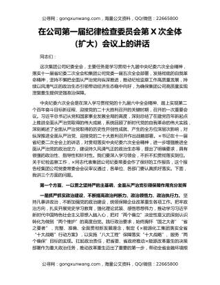 在公司第一届纪律检查委员会第X次全体（扩大）会议上的讲话