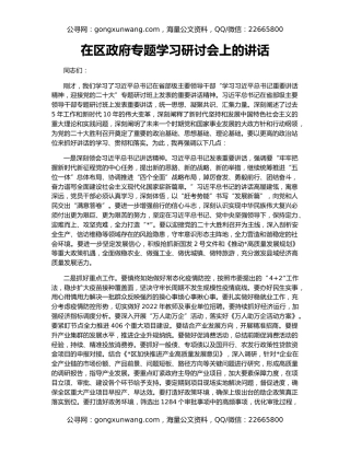 在区政府专题学习研讨会上的讲话