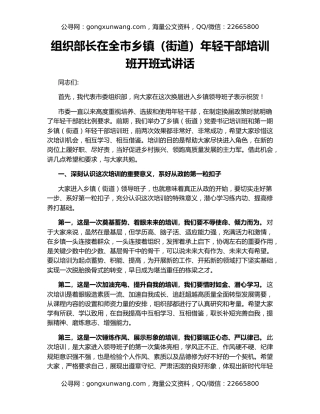 组织部长在全市乡镇（街道）年轻干部培训班开班式讲话