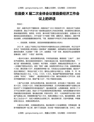 在县委X届二次全体会议暨县委经济工作会议上的讲话
